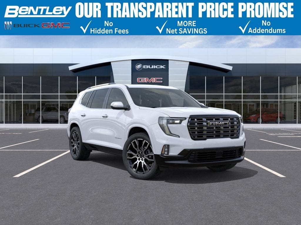 2026 GMC Acadia Denali Ultimate in Glacier White Tricoat — front three-quarter view
